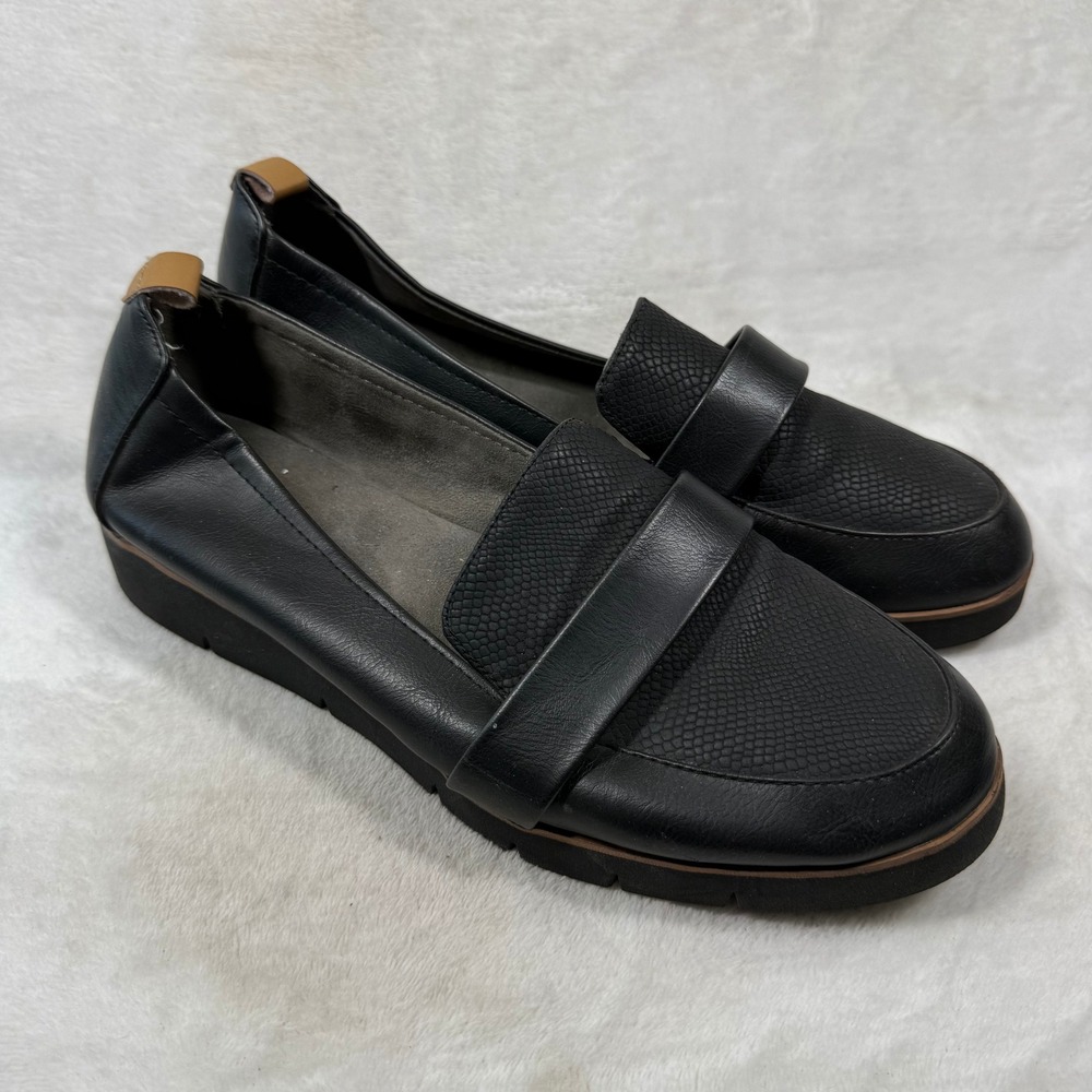 Dr Scholls Womens Black Textured Faux Leather Platform Slip On Loafers Size 11W